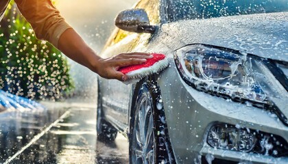 Close up of hand washing a car with water hose in driveway during summer day - obrazy, fototapety, plakaty