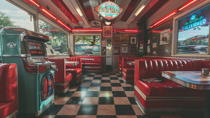 Vintage diner interior with classic red booths, jukebox, neon signs, 1950s Americana style, nostalgic and retro, realistic photography - obrazy, fototapety, plakaty