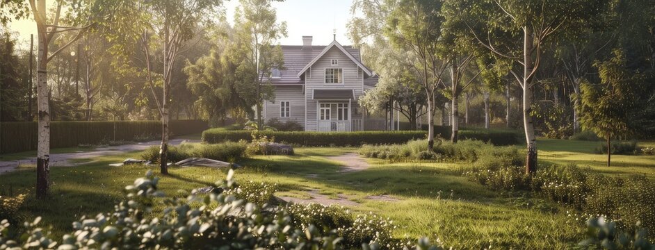 a brick-walled two-story single-family house amidst the tranquil ambiance of a Finnish suburban street, accented by muted greens, greys, and dark blues of spring.
