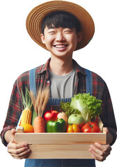 Young male farmer holding vegetables grown in the countryside