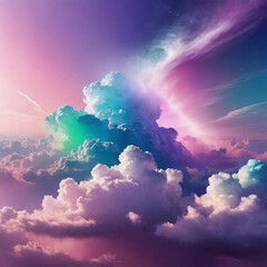 celestial concept banner featuring an ethereal cloudscape transitioning hues from blue to pink background
