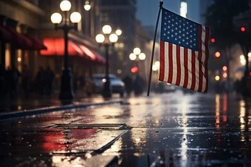 Crédence de cuisine en verre imprimé Etats Unis American flag on city street celebrating independence day with fireworks display in background