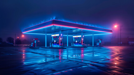 A blue gas station at night with wet pavement and blue lights illuminating the scene. - obrazy, fototapety, plakaty