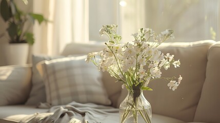 Glass vase with flowers near beige sofa, close up. French country home interior design of modern living room.