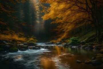waterfall in autumn forest - obrazy, fototapety, plakaty