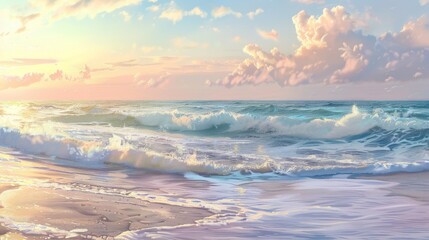 Tranquil Dawn Serene Coastal Landscape with Soft Pastel Hues and Gentle Waves