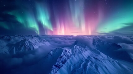Beautiful aurora northern lights in night sky with snow mountain forest in winter.