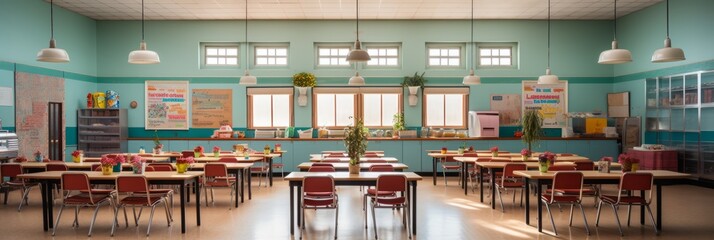 An empty school canteen with large windows and a row of tables and chairs, banner
