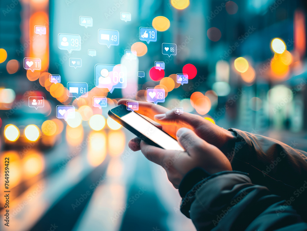 Poster person using smartphone with floating social media icons on a city street at night. digital connecti