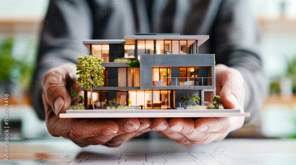 Poster Architect presenting a modern architectural model with trees on a desk. Urban planning concept. Generative AI