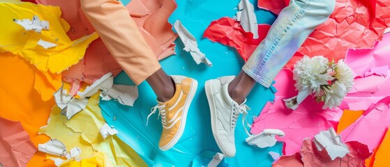 A collage of women and men in colored sneakers, trainers isolated over a multicolored background representing fashion, sales and discounts. Copiespaced for an advertisement.