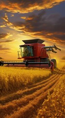 Obraz premium Combine harvester in a soybean field harvesting soybeans at sunset