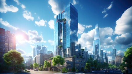 Obraz premium Photorealistic Tall building and behind it a beautiful and sky