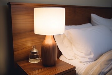 Close-up of rustic bedside table lamp by wooden headboard in stylish modern bedroom interior
