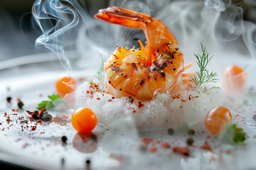 Dish of molecular gastronomy with shrimp in foam and steam.