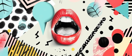 Concept collage. A matchbubble is saying something loud with exclamation points. An ear is listening to a secret. Modern trendy illustration. - obrazy, fototapety, plakaty