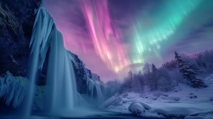 Waterfall with beautiful aurora northern lights in night sky with snow forest in winter.