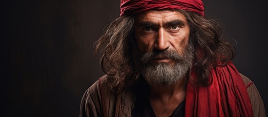 An Arab man adorned in a red turban and long hair flowing down, exuding elegance and tradition