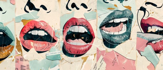 The closed female mouths are in halftone, with screaming, smiling and brekettes. The elements are surrounded by crumpled paper and doodles. This modern contemporary illustration has a speechbabble