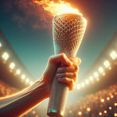 Hand holding a torch on a football stadium background. Sport concept. - obrazy, fototapety, plakaty