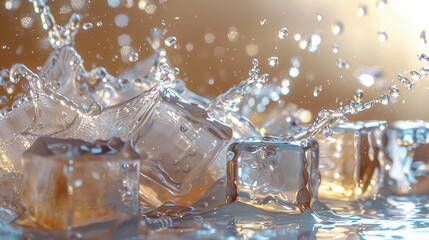 Close-up of Ice Cubes in Glass with Beverage Splash