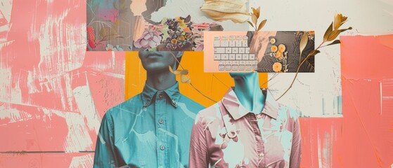 Symbolism, modern technology, inspiration. Couple, couple with keyboard buttons instead of heads. Cheerful talks and romantic time. Abstract contemporary art collage.