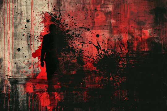 Capture the haunting legacy of an unsolved murder with a mesmerizing composition of abstract bloodstains and ghostly silhouettes