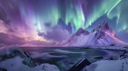 Papier Peint photo autocollant Aurores boréales Beautiful aurora northern lights in night sky with snow mountain forest in winter.