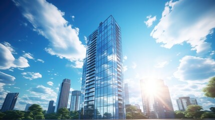 Fototapeta premium Photorealistic Tall building and behind it a beautiful and sky