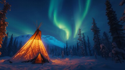 Camping in wild with teepee tent and stunning aurora light at night. - obrazy, fototapety, plakaty