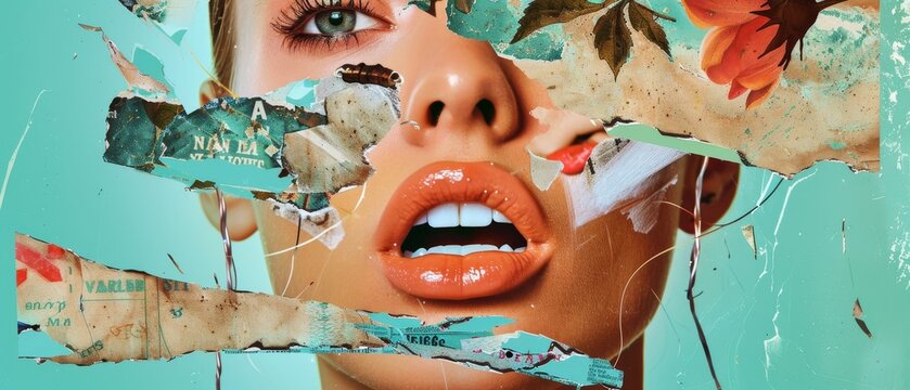 A contemporary art collage with a female open mouth and social media activity sign, likes icon, heart shape over a green background. A showcase of real young life, internet addiction, gadgets, and a