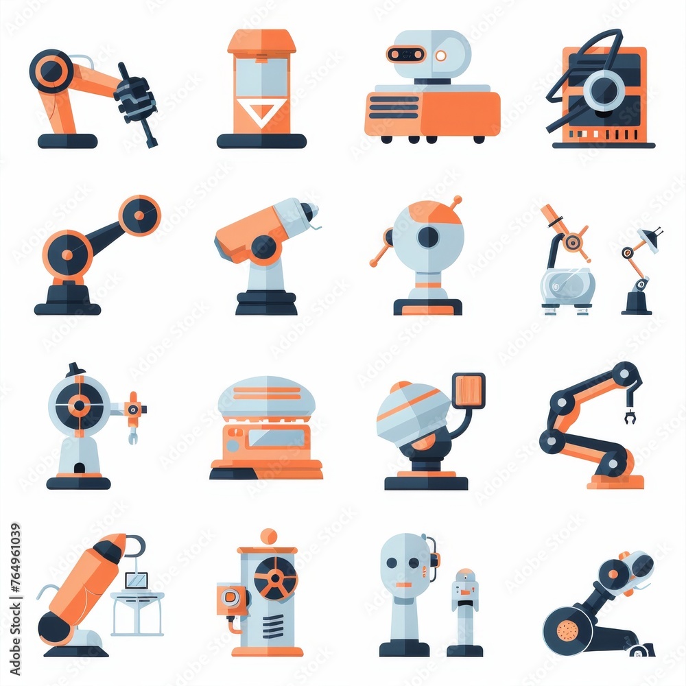 Poster icon set presenting various industrial robots designed for tasks such as assembly, welding, and mate