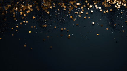 Dark color background with golden glitter pieces. Small pieces of golden glitter particles and golden dust on the dark floor. Generative AI.