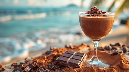 A sumptuous chocolate cocktail topped with a chocolate bar piece, served in a fancy glass, close-up...