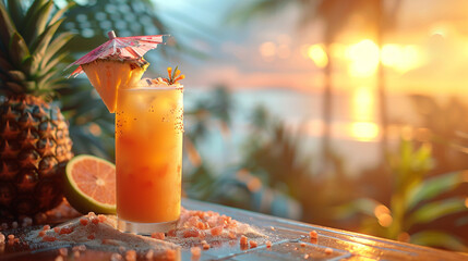A tropical drink garnished with a slice of pineapple and an umbrella, resting on a sandy beach table
