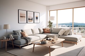 Obraz na płótnie Canvas Scandinavian modern living room interior design with minimalist scandinavian home decor