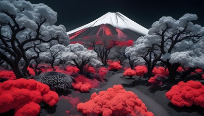 landscape shot of volcano garden and trees, captured using infrared photography, 8K resolution image, smooth and polished. bold red and black colors - obrazy, fototapety, plakaty