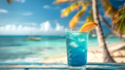 A vibrant blue lagoon cocktail served in a glass, resting on a beachside table with palm trees...
