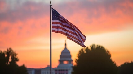 US national flag flying in air with capitol hill building in washington dc - Powered by Adobe