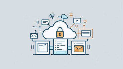 Secure cloud with icons for email, files, and wireless technology.Backup data management.