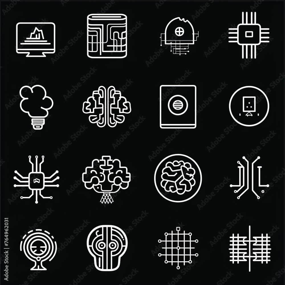 Poster a sleek set of black and white ai and machine learning icons, perfect for high-tech interface design