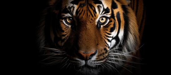 An alert tiger with striped fur is positioned in the darkness, gazing directly into the camera lens