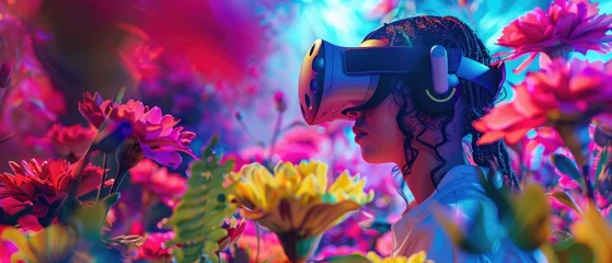 Fotobehang Adventurer in VR surrounded by virtual flowers © Pungu x