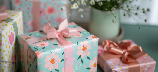 Fototapeta na wymiar Birthday presents with colorful wrapping paper with polka dots and floral patterns in pastel colors.
