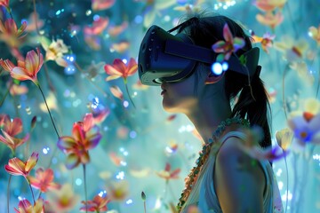VR enthusiast woman among virtual blooms
