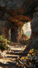 Obraz premium Jesus's resurrection from the tomb in photorealistic detail, focusing on the rocky interior devoid of flowers or greenery, illuminated by the soft morning light.