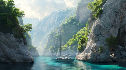 Serene Seascape Solitary Sailboat in Secluded Bay with Majestic Cliffs and Lush Greenery - Powered by Adobe
