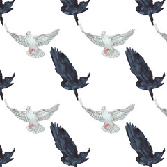 Christian card and hand drawn bird pattern.Ink handwriting inscriptions.Bird pattern.Typography and lettering.