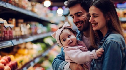Happy child with family shopping in a grocery store shopping for food.