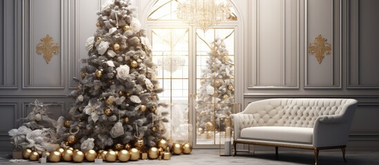 A Christmas tree adorned in gold decorations standing in a room with a white couch, creating a festive and elegant holiday atmosphere